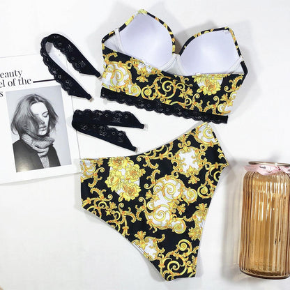 Vintage Black Print Women's Bikini Set Women's Halter Beautiful Print High Waist Swimsuit Bathing Suits Bikini Set Lace Strappy Padded Bra High Waist Bottoms Swimsuit Fashion Female Beachwear Luxury Swimwear